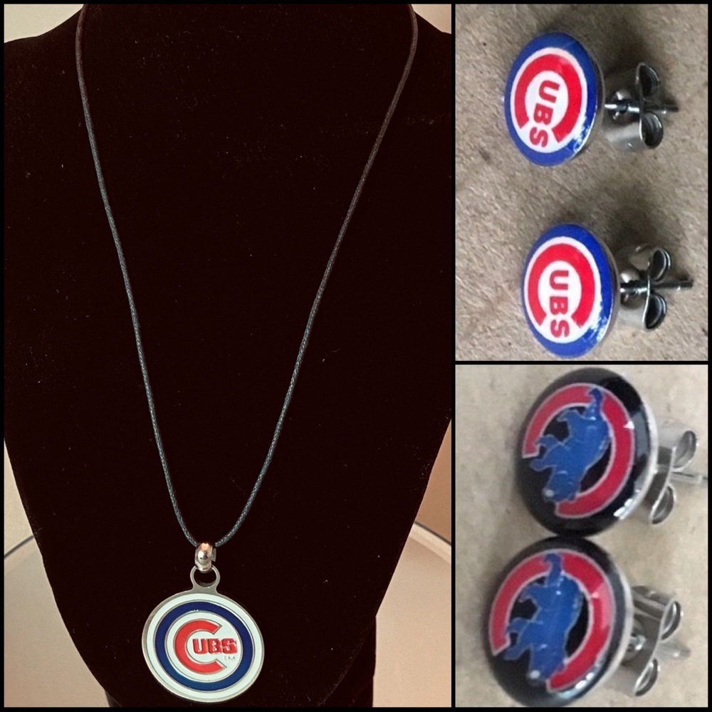 CHICAGO CUBS Necklace & 2 Pairs of Earrings